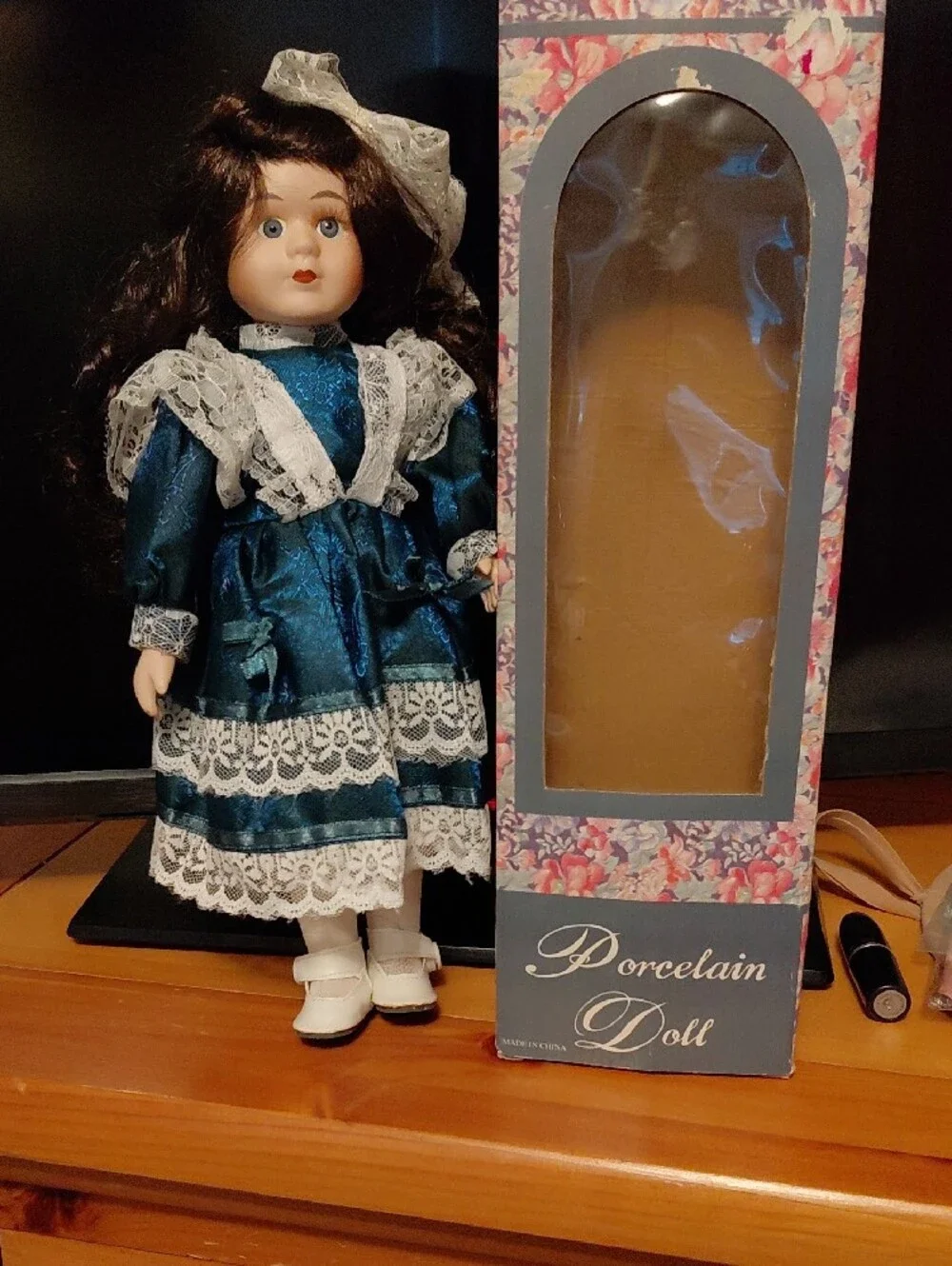 Vintage Porcelain Doll in Teal Lace Dress